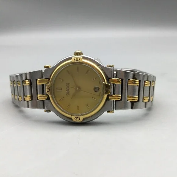 Gucci Watch Women 24mm Silver Gold Two Tone Date 9000L New Battery 6.5" - Picture 6 of 11